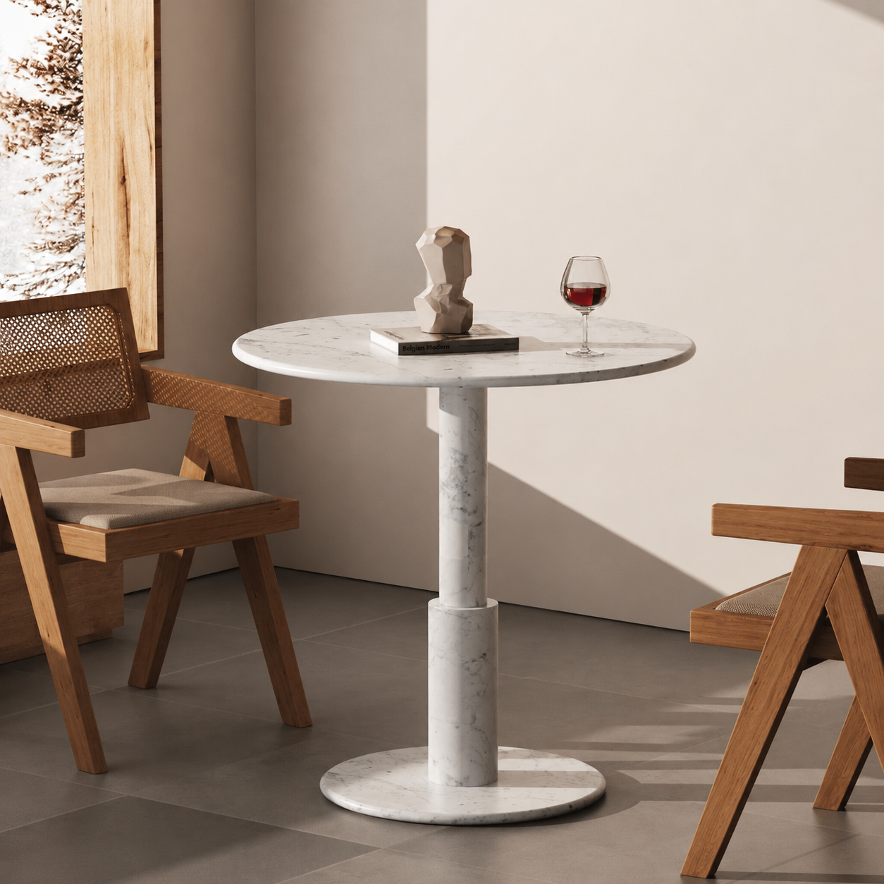 RoundTwin Elite Carrara marble dining table styled with chair for apartments and breakfast corners