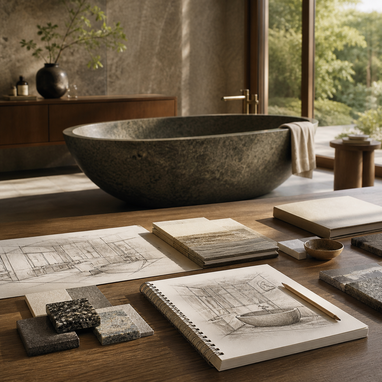 Custom granite bathtub project planning with sketches and natural stone samples