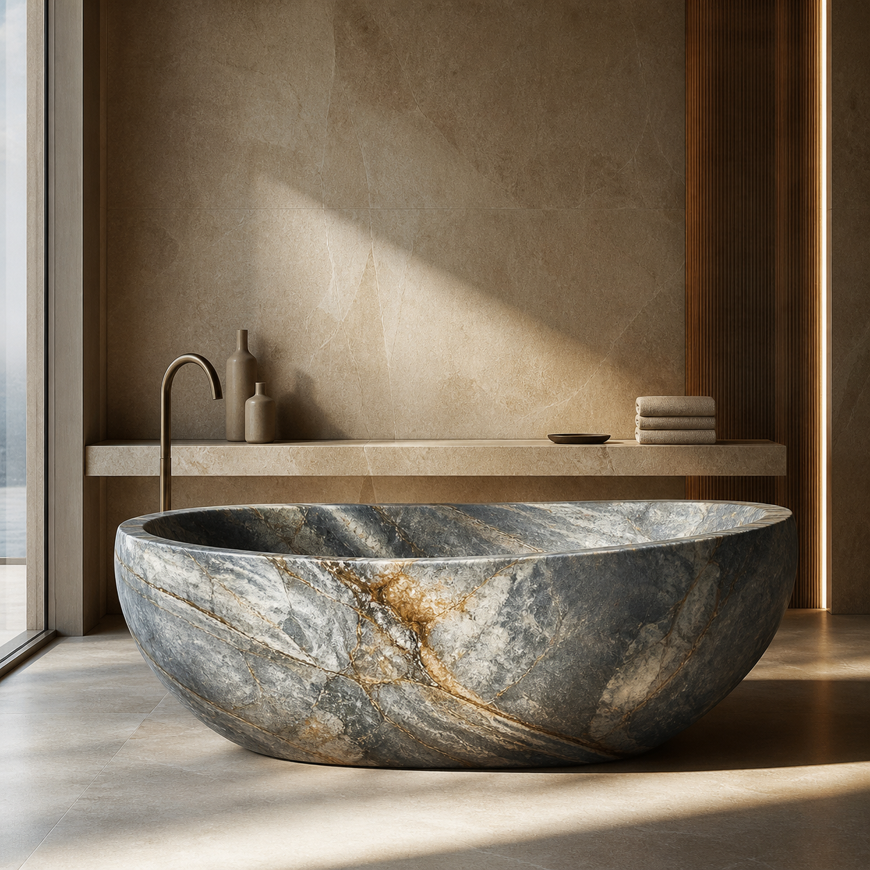 Granite bathtub in an indoor outdoor bathroom setting with natural light