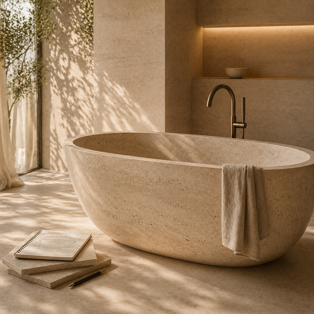 Freestanding travertine stone bathtub in a luxury bathroom with warm natural stone finishes.