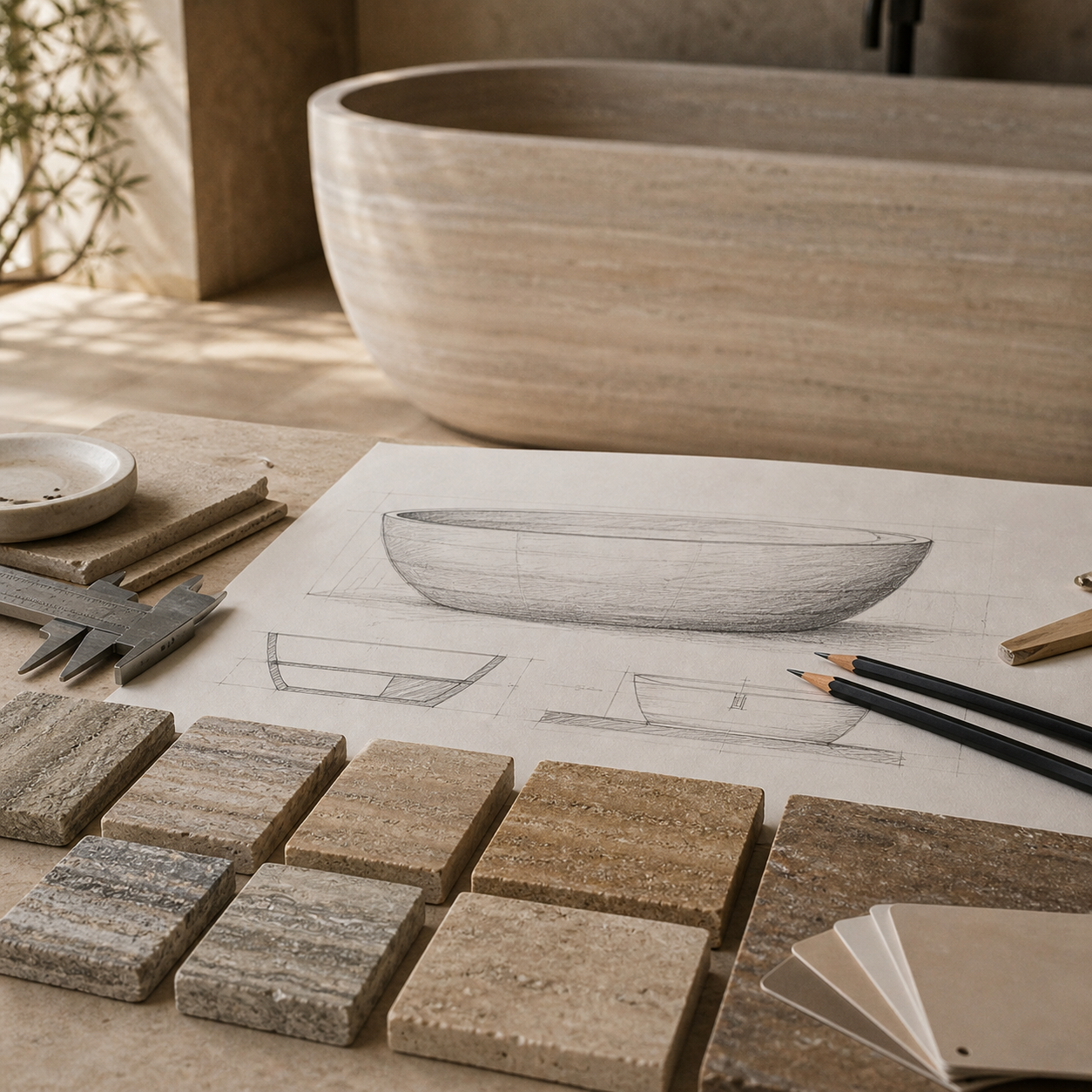 Custom bath project planning with travertine bathtub sketches and material references