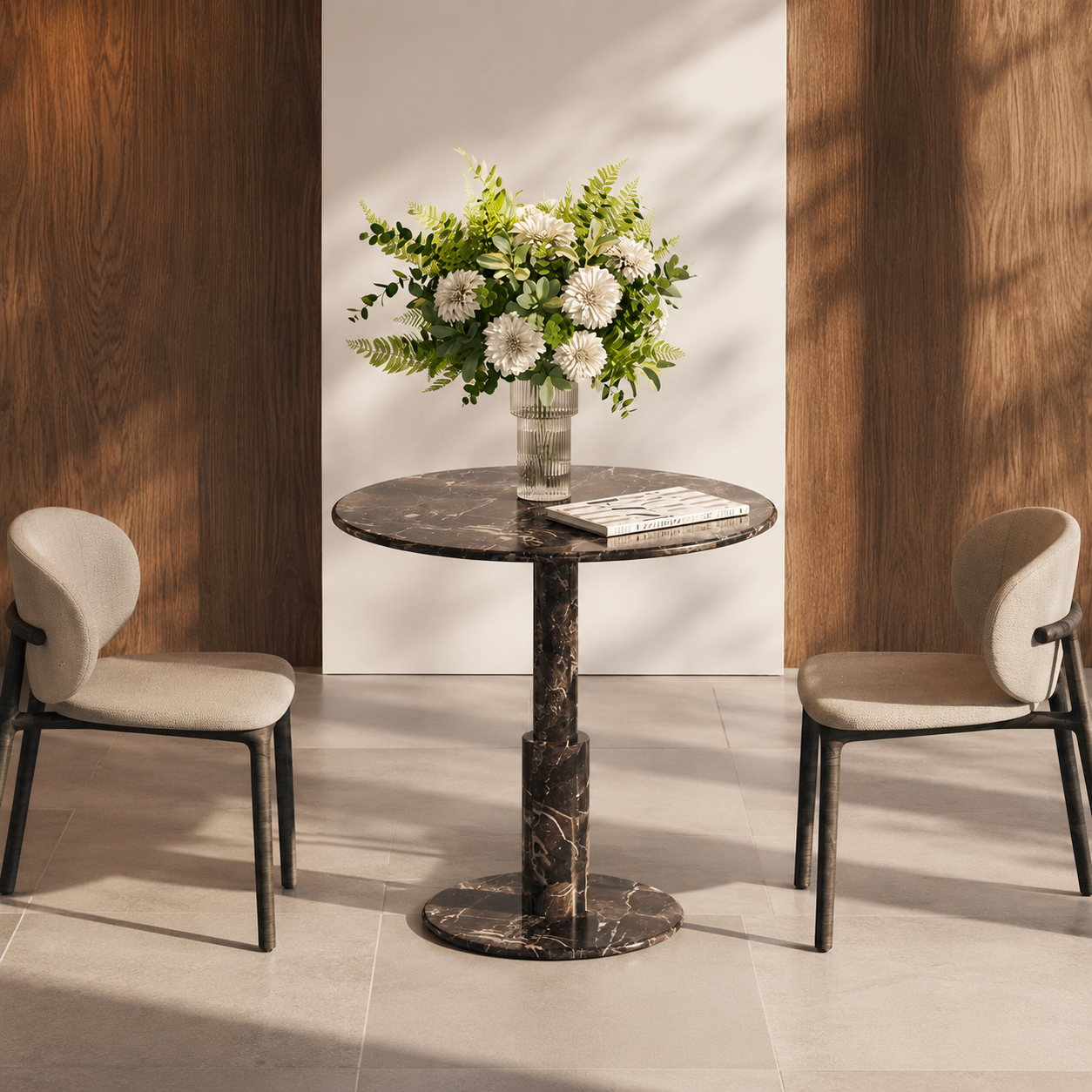 RoundTwin Elite black marble dining table in boutique dining room setting