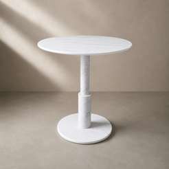 RoundTwin Elite Carrara white marble dining table front view with compact round stone tabletop