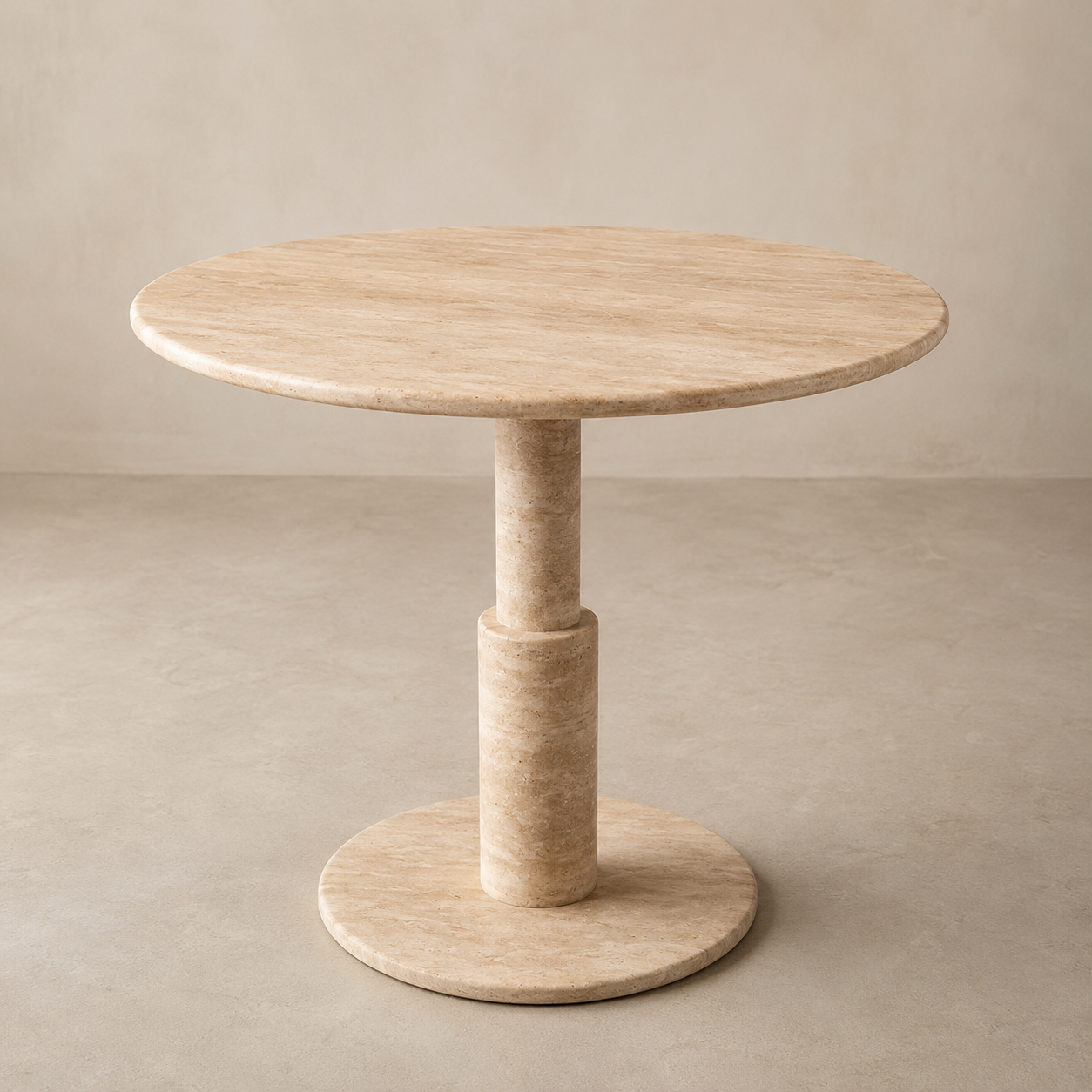 RoundTwin Elite travertine dining table angled view showing round tabletop and pedestal base