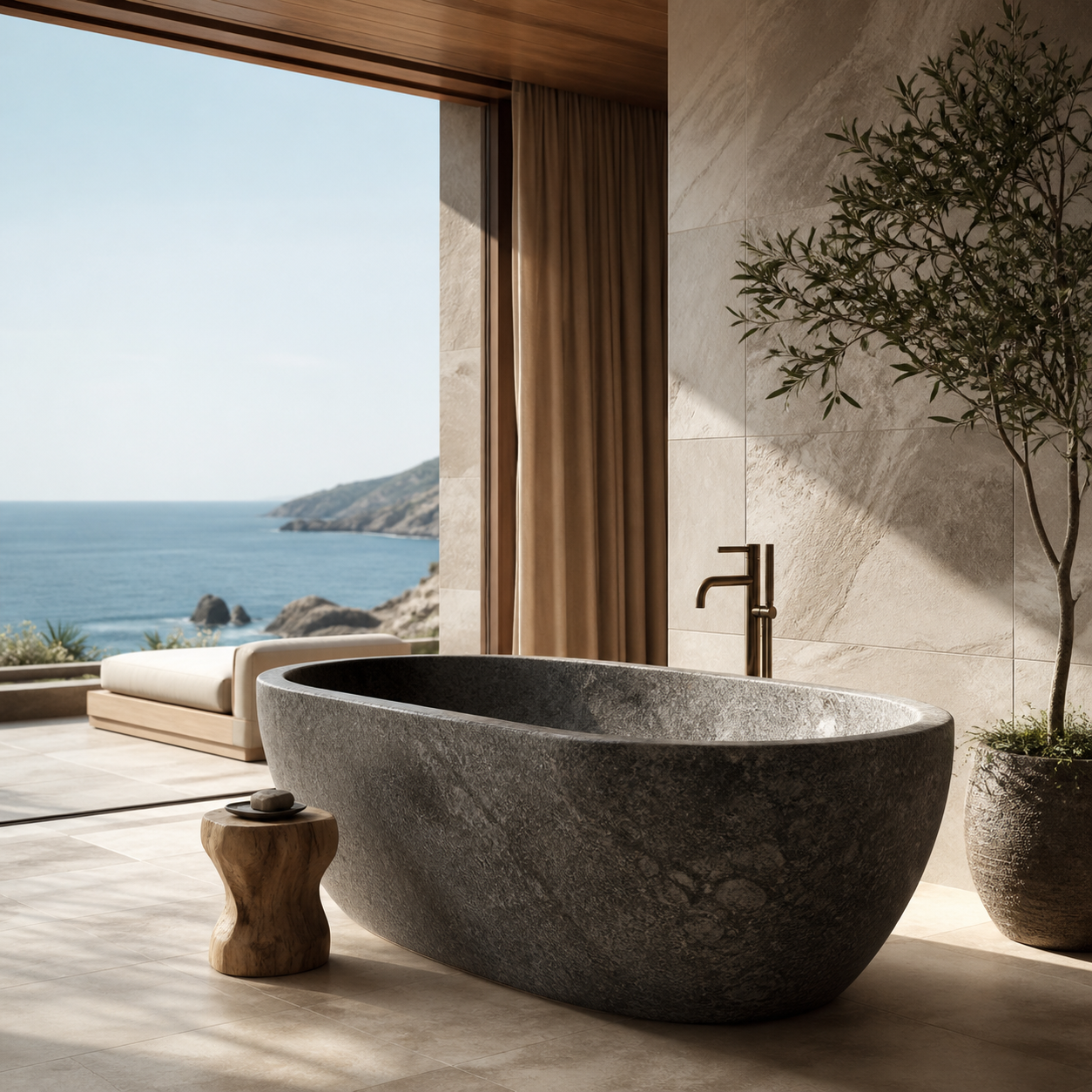 Granite bathtub in a seaside hospitality spa retreat bathroom