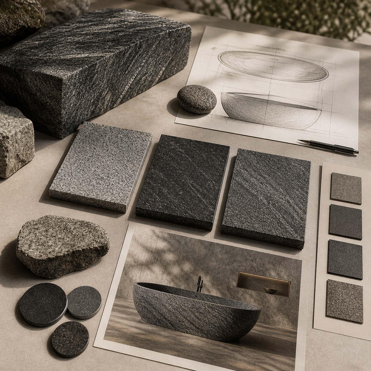 Granite material samples and design sketches for custom bathtub selection