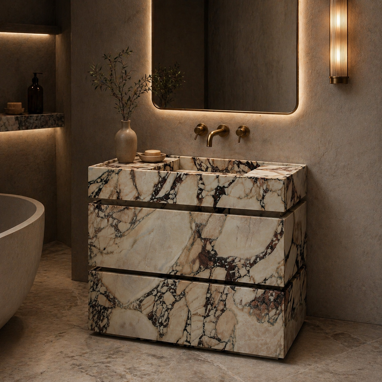 Sculptural marble stone vanity with integrated sink in a refined luxury bathroom setting.