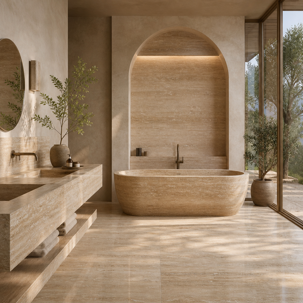 Travertine bathtub in a hospitality-style luxury bathroom suite