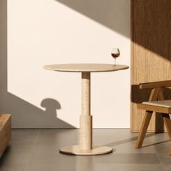 RoundTwin Elite travertine dining table side view with sculptural round pedestal design