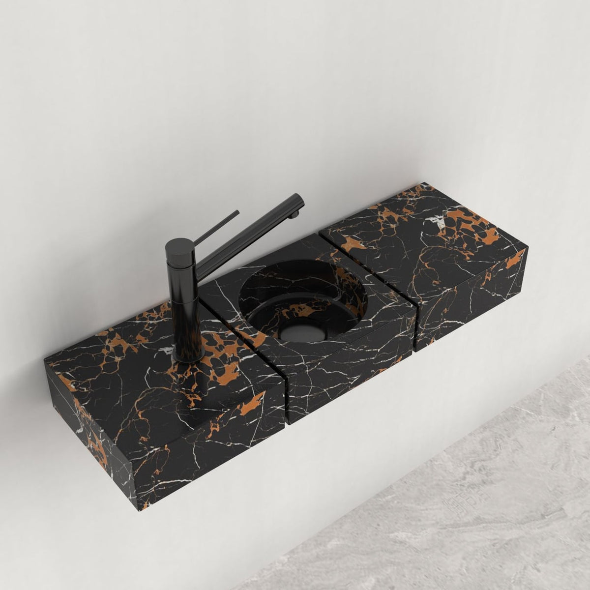 Elevated view of the Eira Galaxy marble sink showing the round basin in its elongated counter