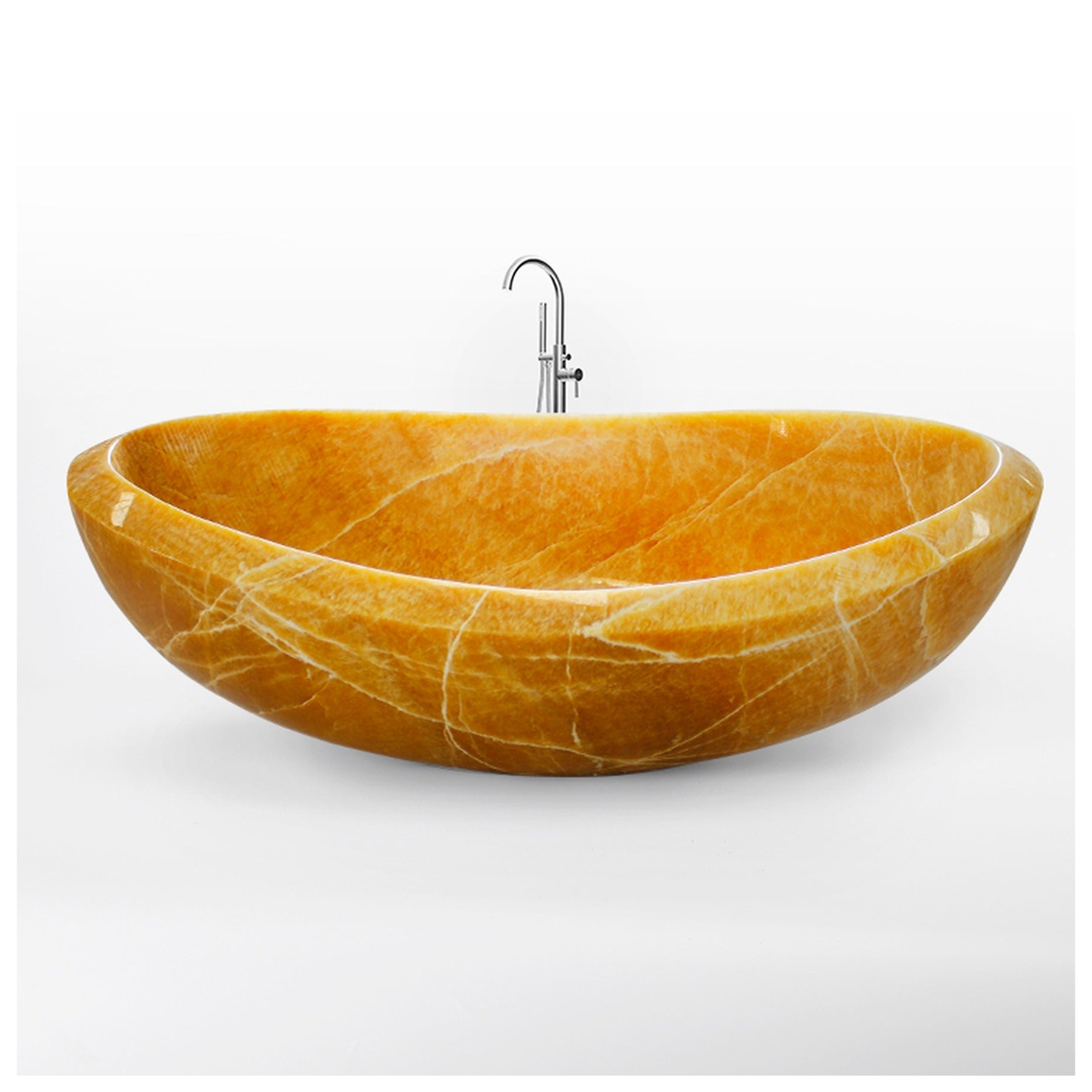 Vespera Honey Onyx freestanding soaking bathtub, polished side studio visualization