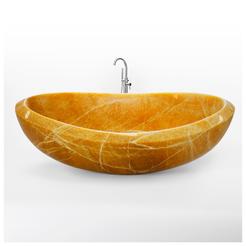 Vespera Honey Onyx freestanding soaking bathtub, polished side studio visualization