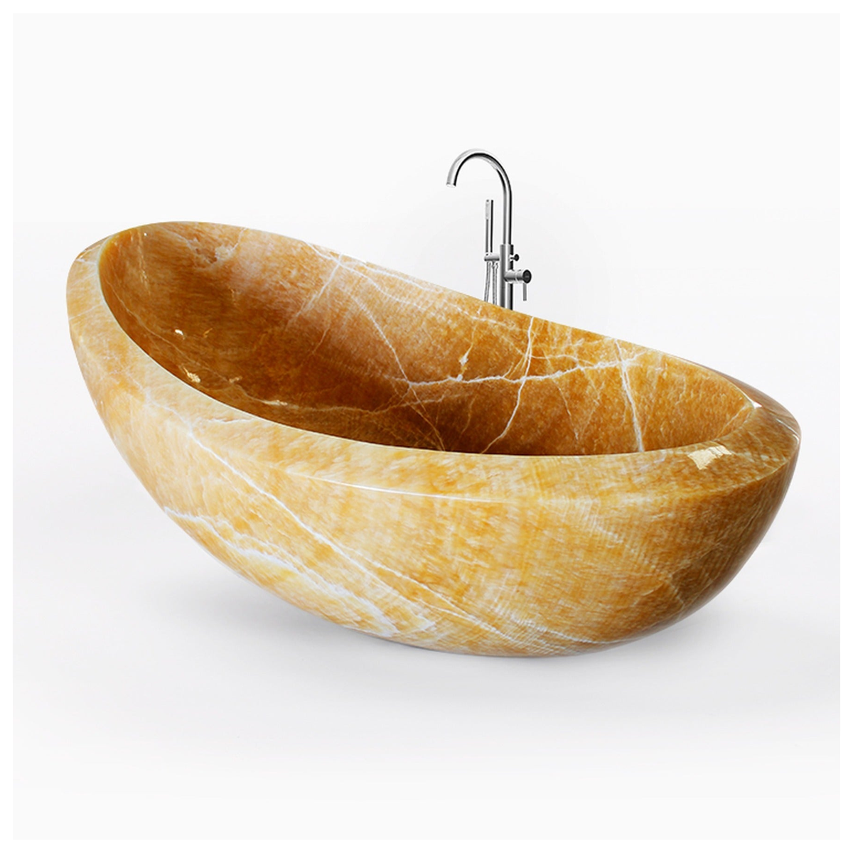 Vespera Honey Onyx freestanding soaking bathtub, elevated three-quarter studio visualization