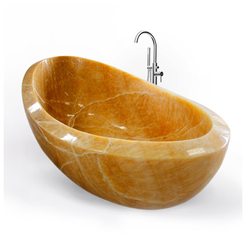 Vespera Honey Onyx freestanding soaking bathtub, opposite three-quarter studio visualization