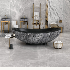 Yura boat-shaped Neroco Granite soaking bathtub, centered front studio visualization