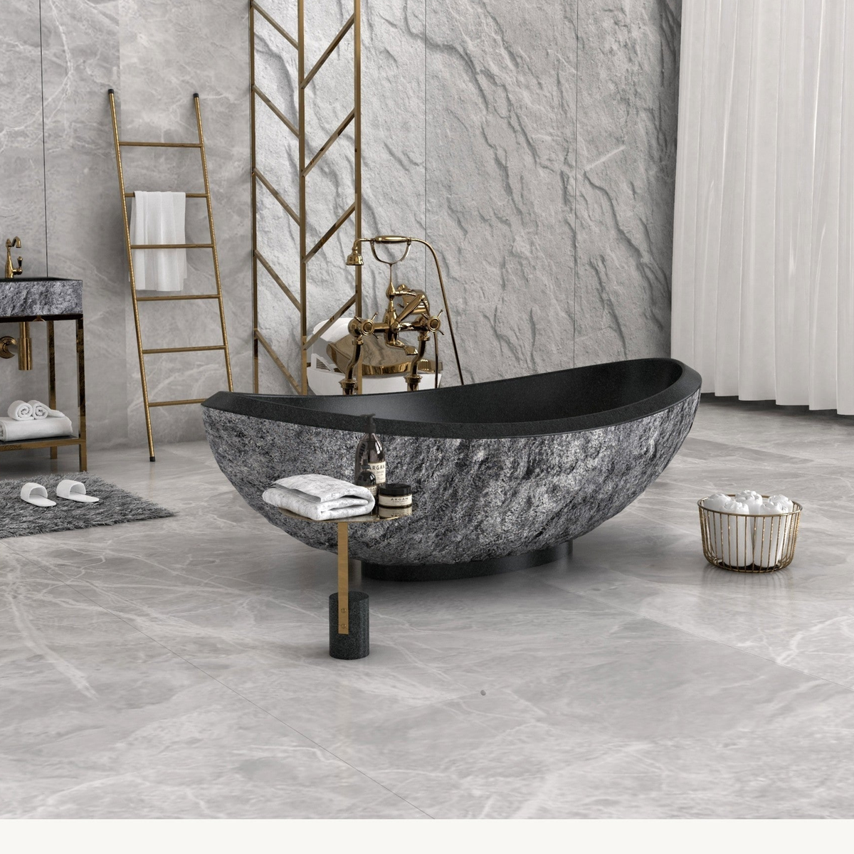 Yura boat-shaped Neroco Granite bathtub, full side-view studio visualization