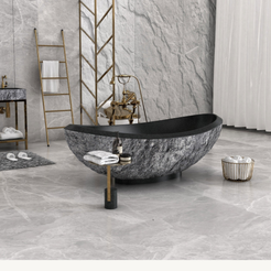 Yura boat-shaped Neroco Granite bathtub, full side-view studio visualization