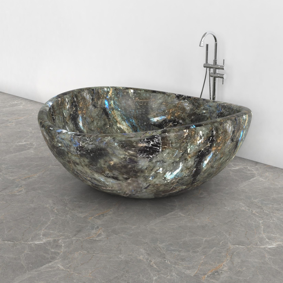 Lunara round freestanding Celestia Blue Quartzite soaking bathtub, studio three-quarter view