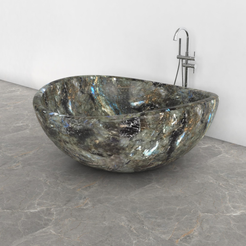 Lunara round freestanding Celestia Blue Quartzite soaking bathtub, studio three-quarter view