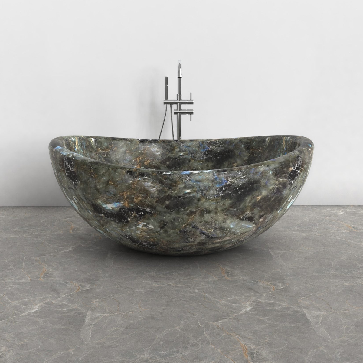 Lunara round freestanding Celestia Blue Quartzite soaking bathtub, front view