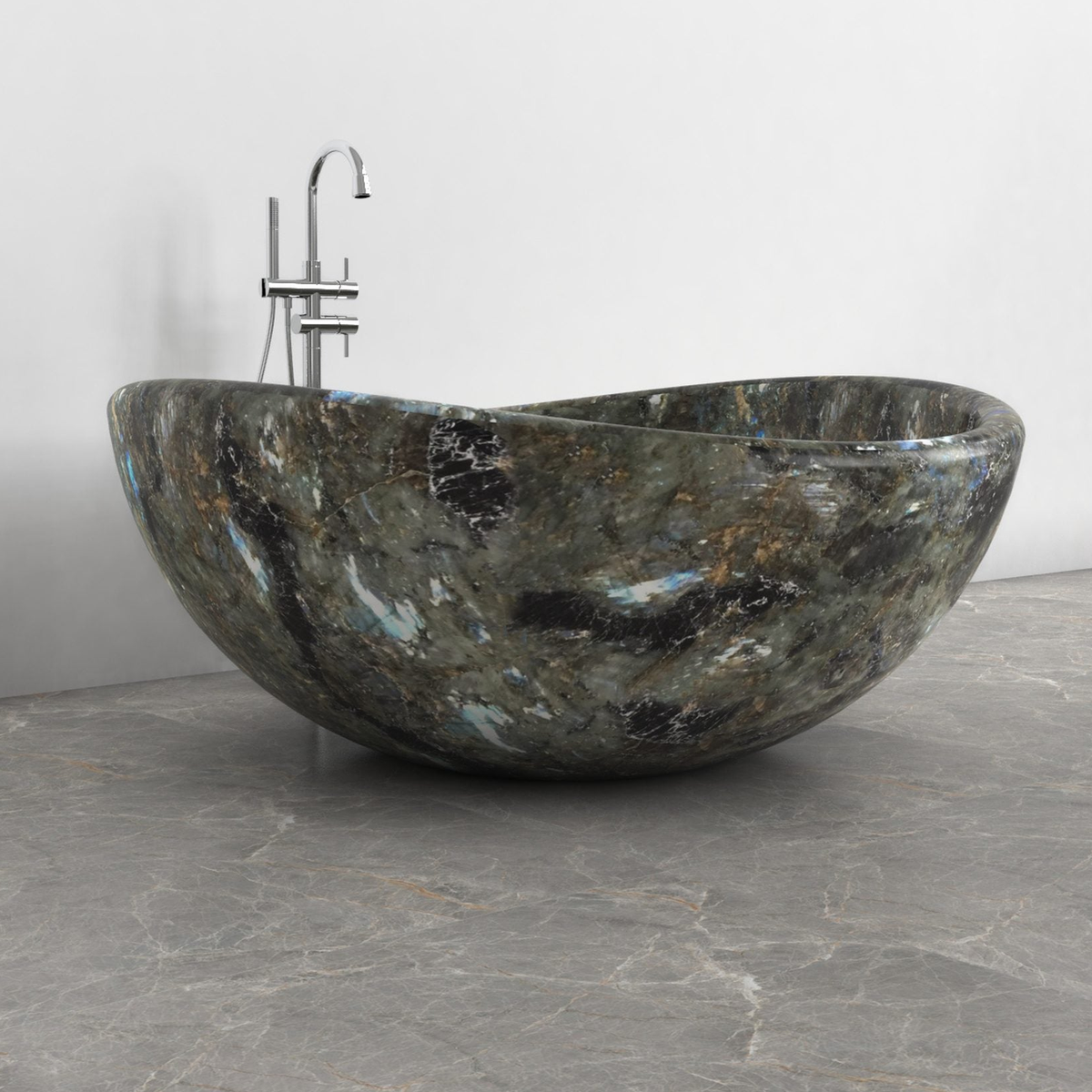 Lunara round freestanding Celestia Blue Quartzite soaking bathtub, side view
