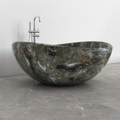 Lunara round freestanding Celestia Blue Quartzite soaking bathtub, side view