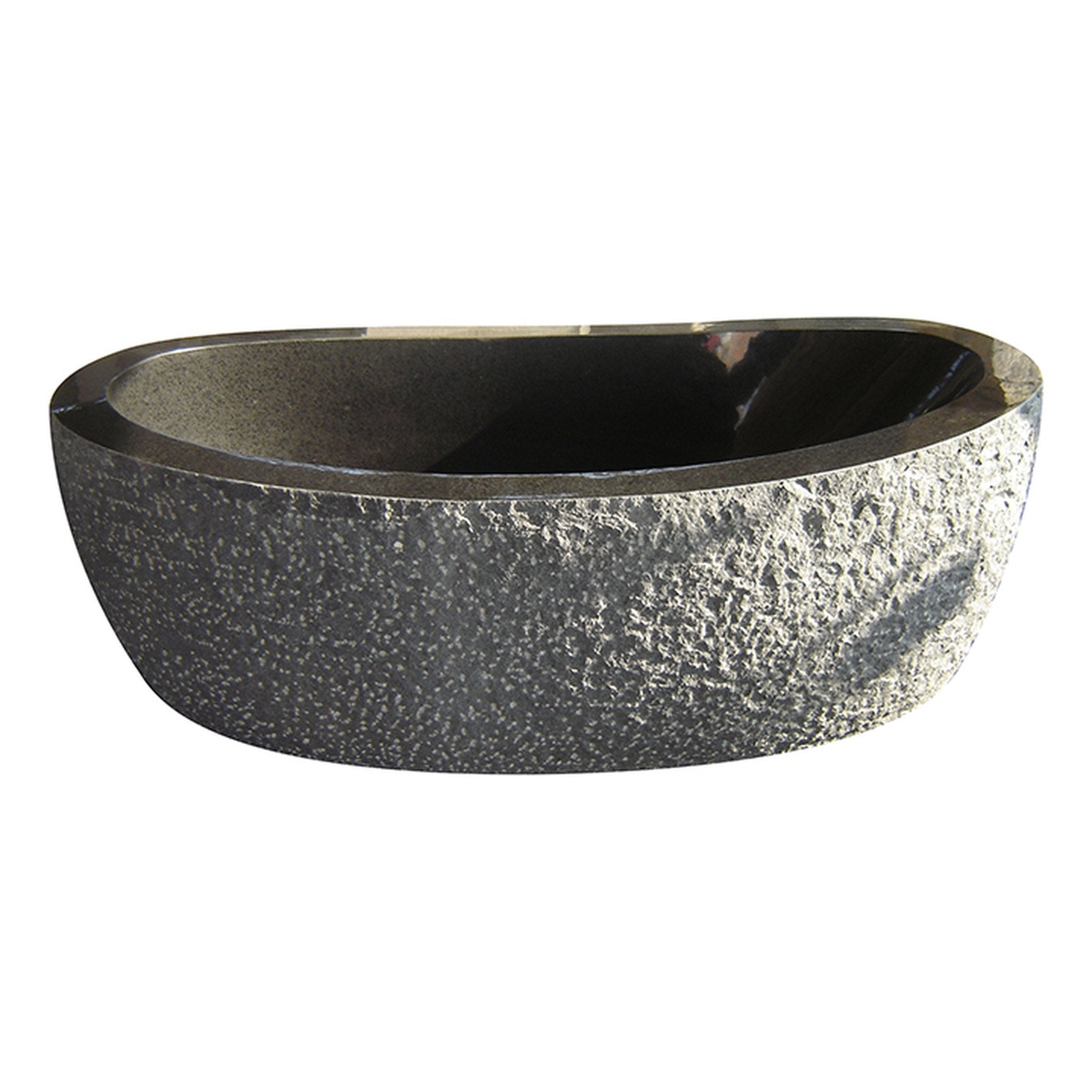 Calia Absolute Black Granite soaking bathtub with hand-chiseled exterior and polished interior, studio front-view visualization