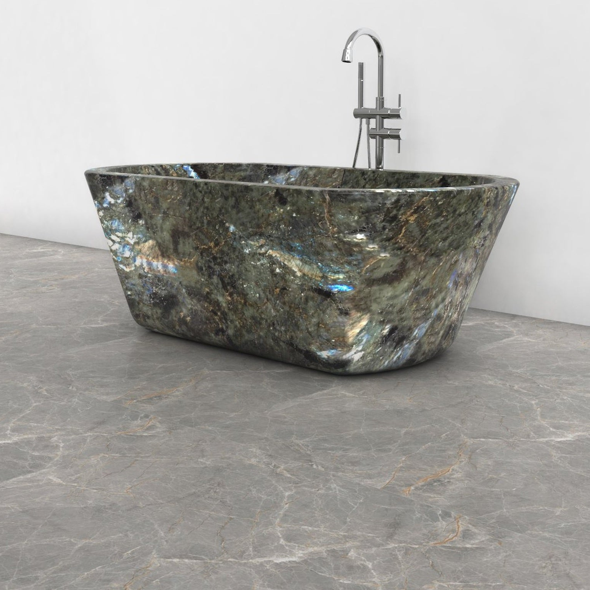 Tivelle Celestia Blue Quartzite flared rounded-rectangle bathtub, studio three-quarter visualization