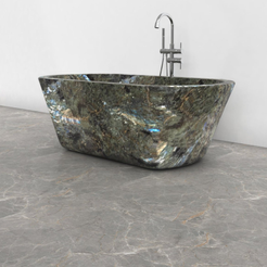Tivelle Celestia Blue Quartzite flared rounded-rectangle bathtub, studio three-quarter visualization