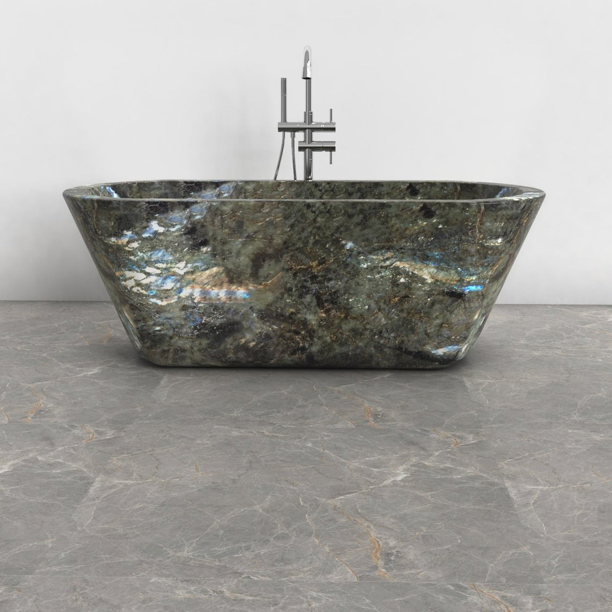 Tivelle Celestia Blue Quartzite flared rounded-rectangle bathtub, studio front-view visualization