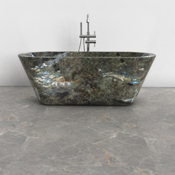 Tivelle Celestia Blue Quartzite flared rounded-rectangle bathtub, studio front-view visualization