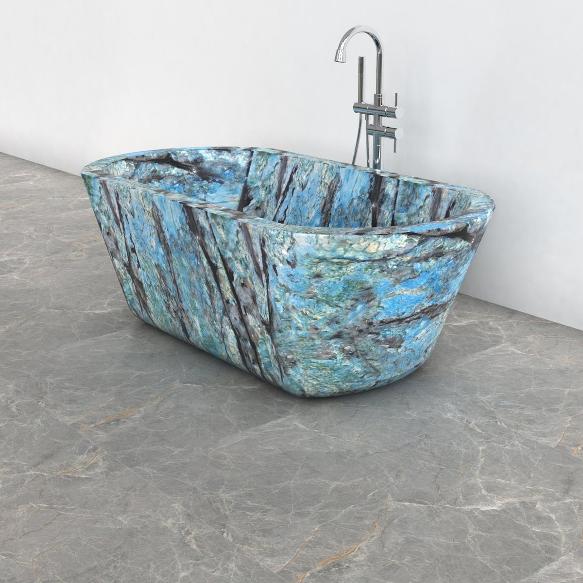 Tivelle Danube Blue Quartzite flared rounded-rectangle bathtub, studio front-view visualization