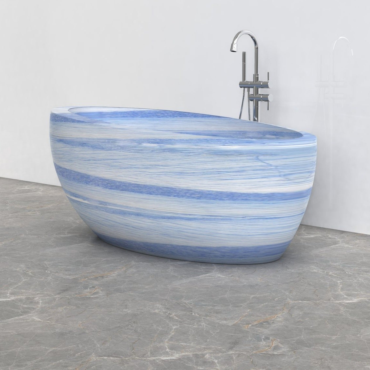 Navira Azura Blue Quartzite bathtub, studio three-quarter visualization