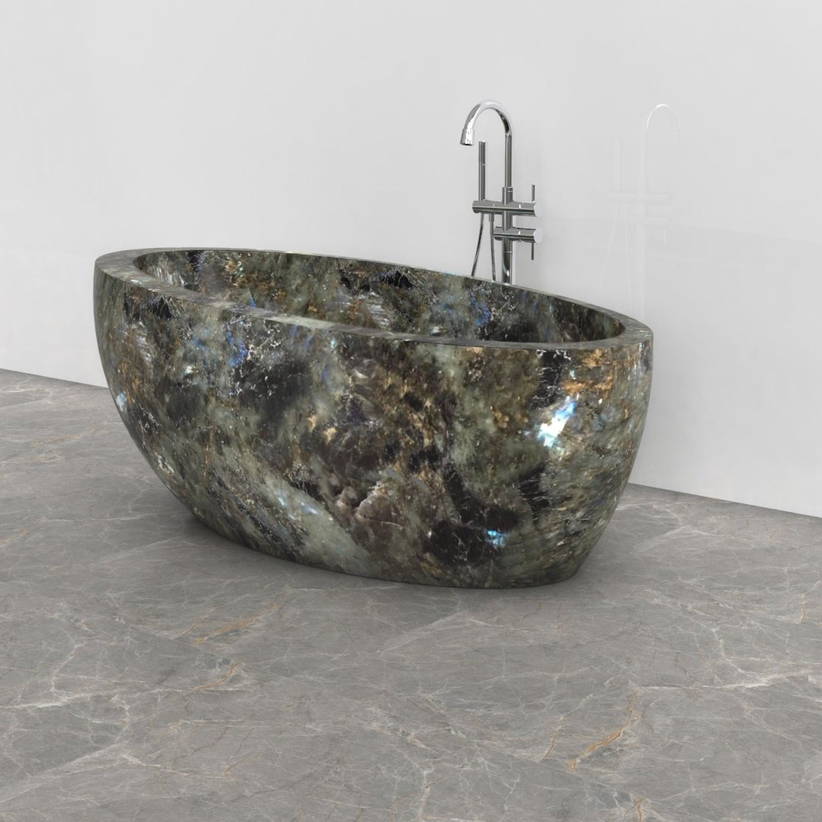 Navira Celestia Blue Quartzite bathtub, studio three-quarter visualization