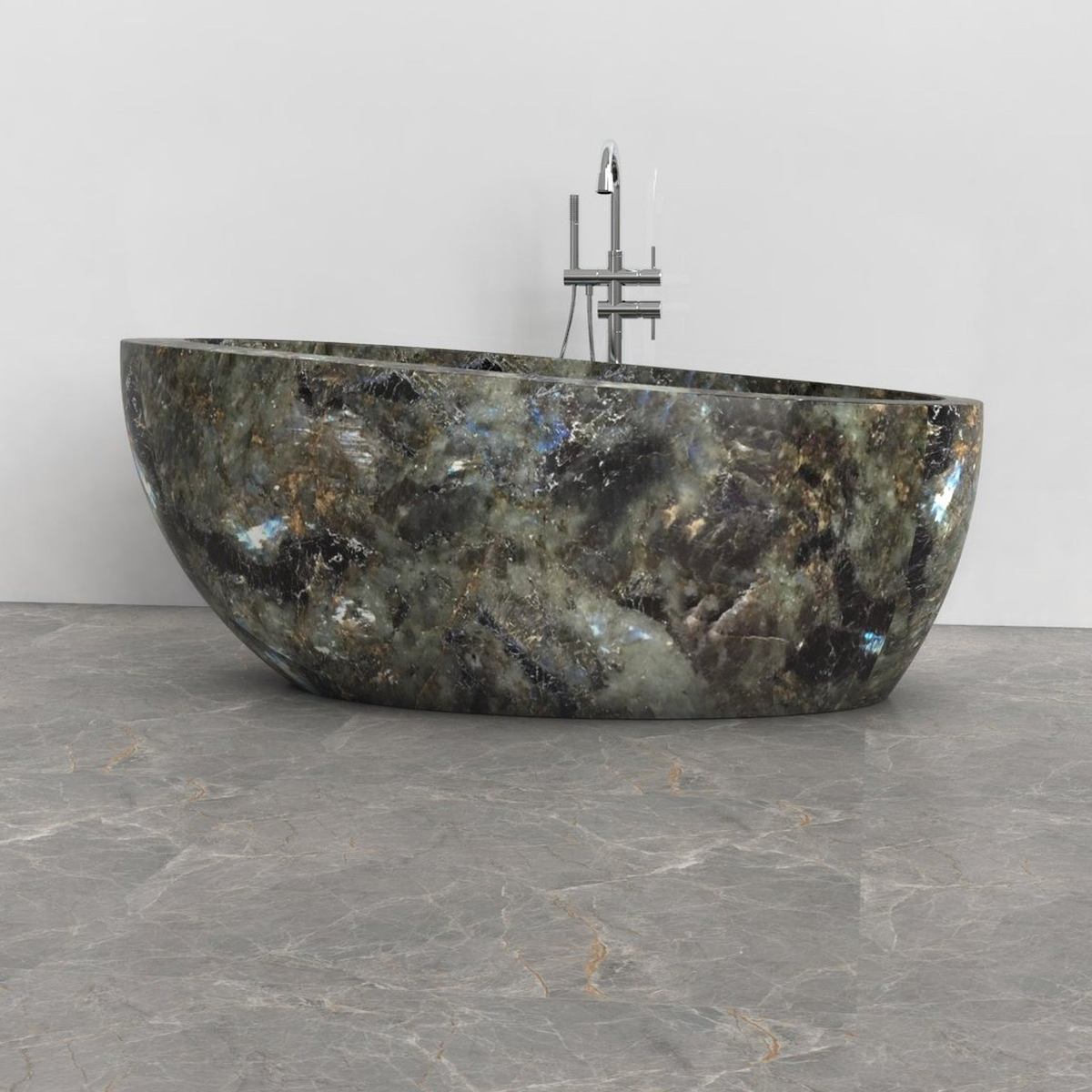 Navira Celestia Blue Quartzite bathtub, studio front-view visualization