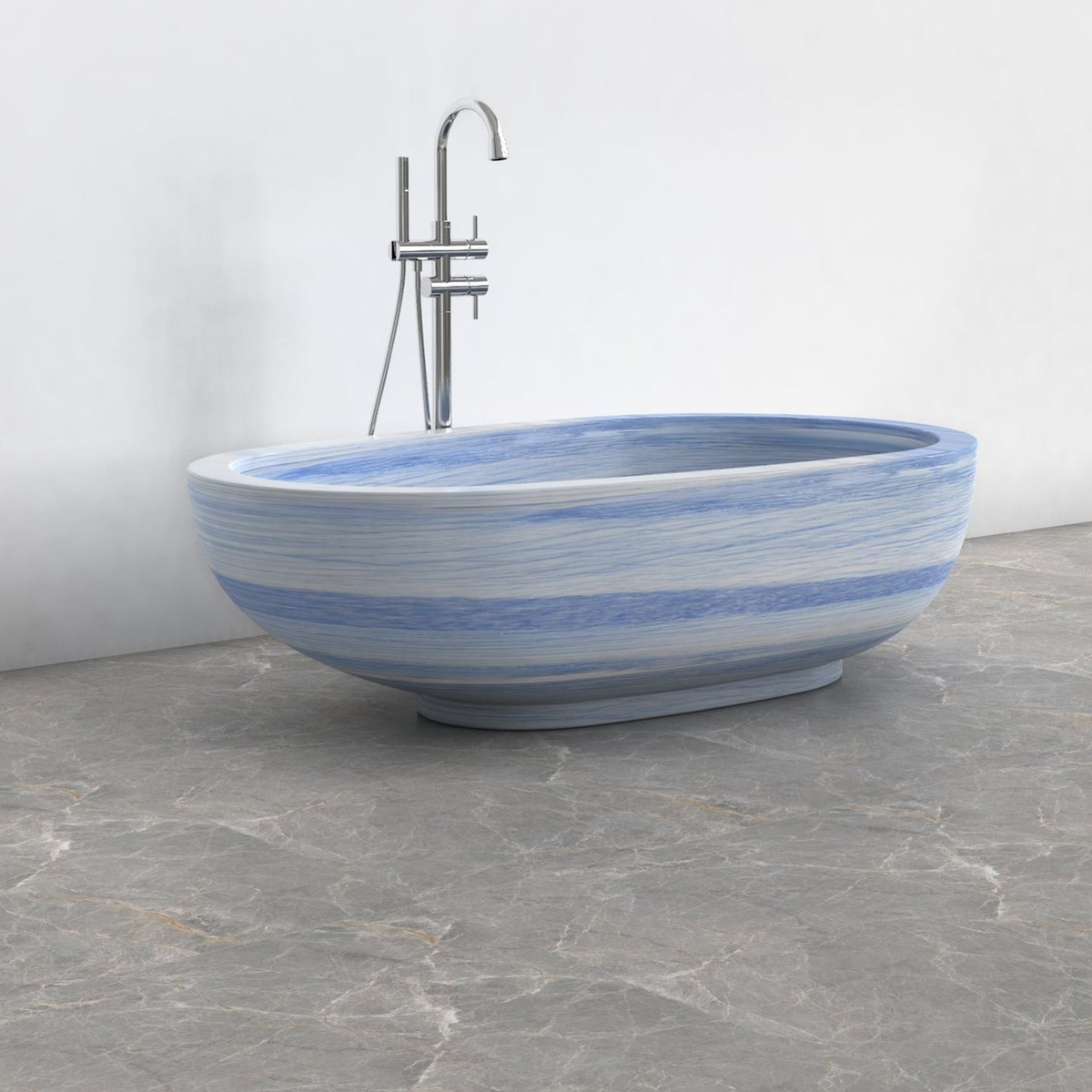 Soreia Azura Blue Quartzite bathtub, studio front-view visualization