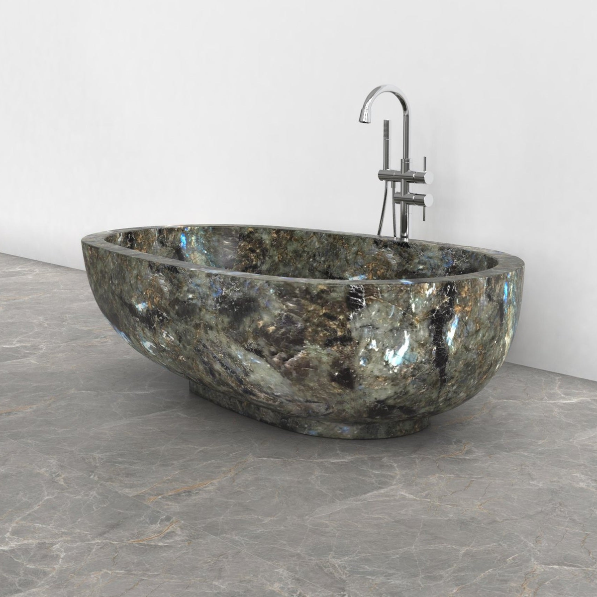 Soreia Celestia Blue Quartzite bathtub, studio three-quarter visualization