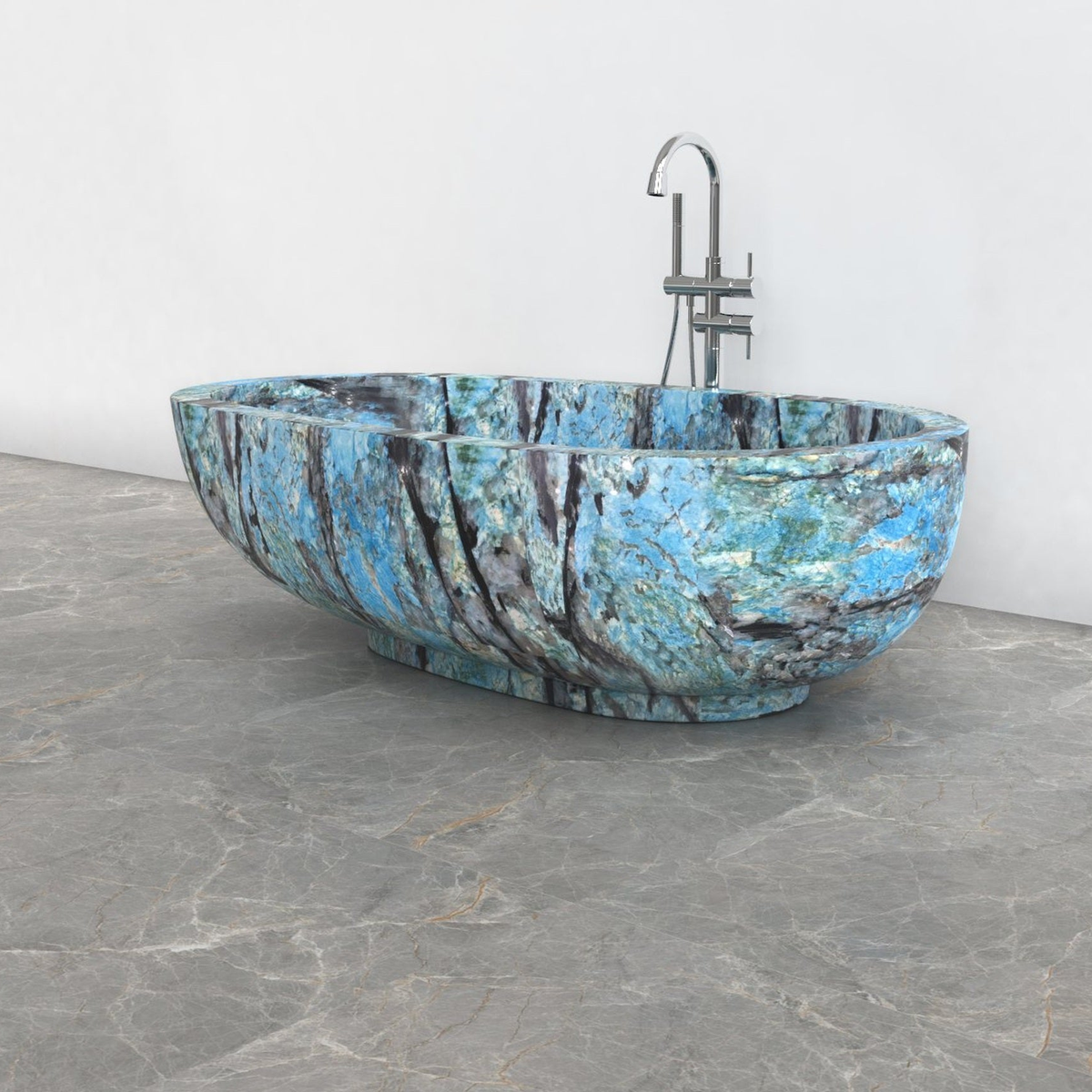 Soreia Danube Blue Quartzite bathtub, studio front-view visualization