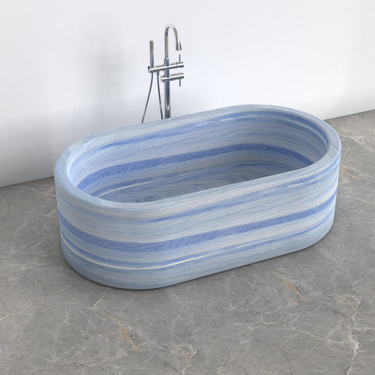 Mavelle Azura Blue Quartzite rounded-rectangle bathtub, studio three-quarter visualization