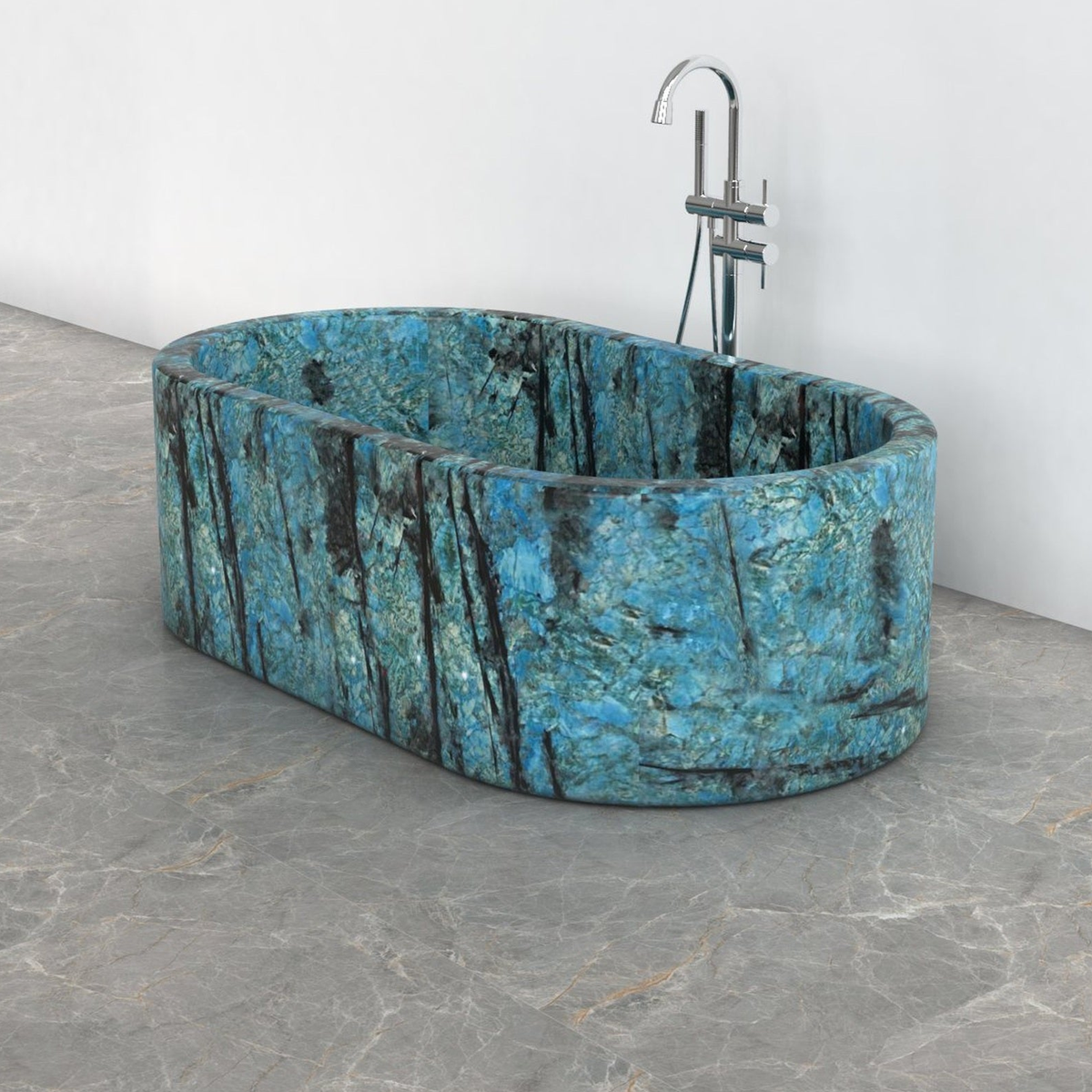 Mavelle Danube Blue Quartzite rounded-rectangle bathtub, studio three-quarter visualization