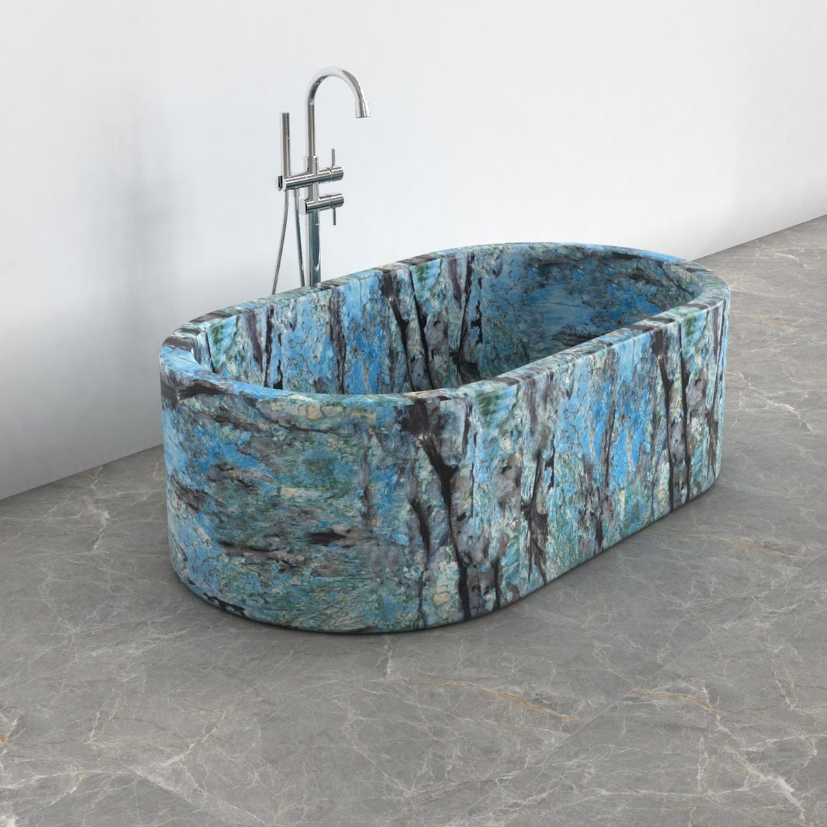 Mavelle Danube Blue Quartzite rounded-rectangle bathtub, studio front-view visualization