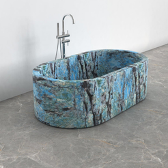 Mavelle Danube Blue Quartzite rounded-rectangle bathtub, studio front-view visualization