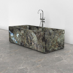 Caelira Celestia Blue Quartzite rectangular bathtub, studio three-quarter visualization