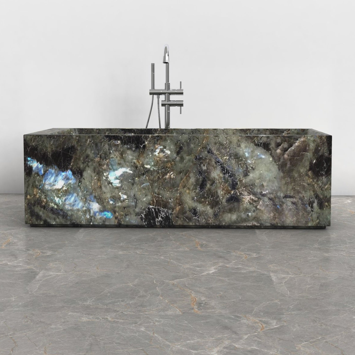 Caelira Celestia Blue Quartzite rectangular bathtub, studio front-view visualization