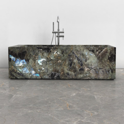Caelira Celestia Blue Quartzite rectangular bathtub, studio front-view visualization