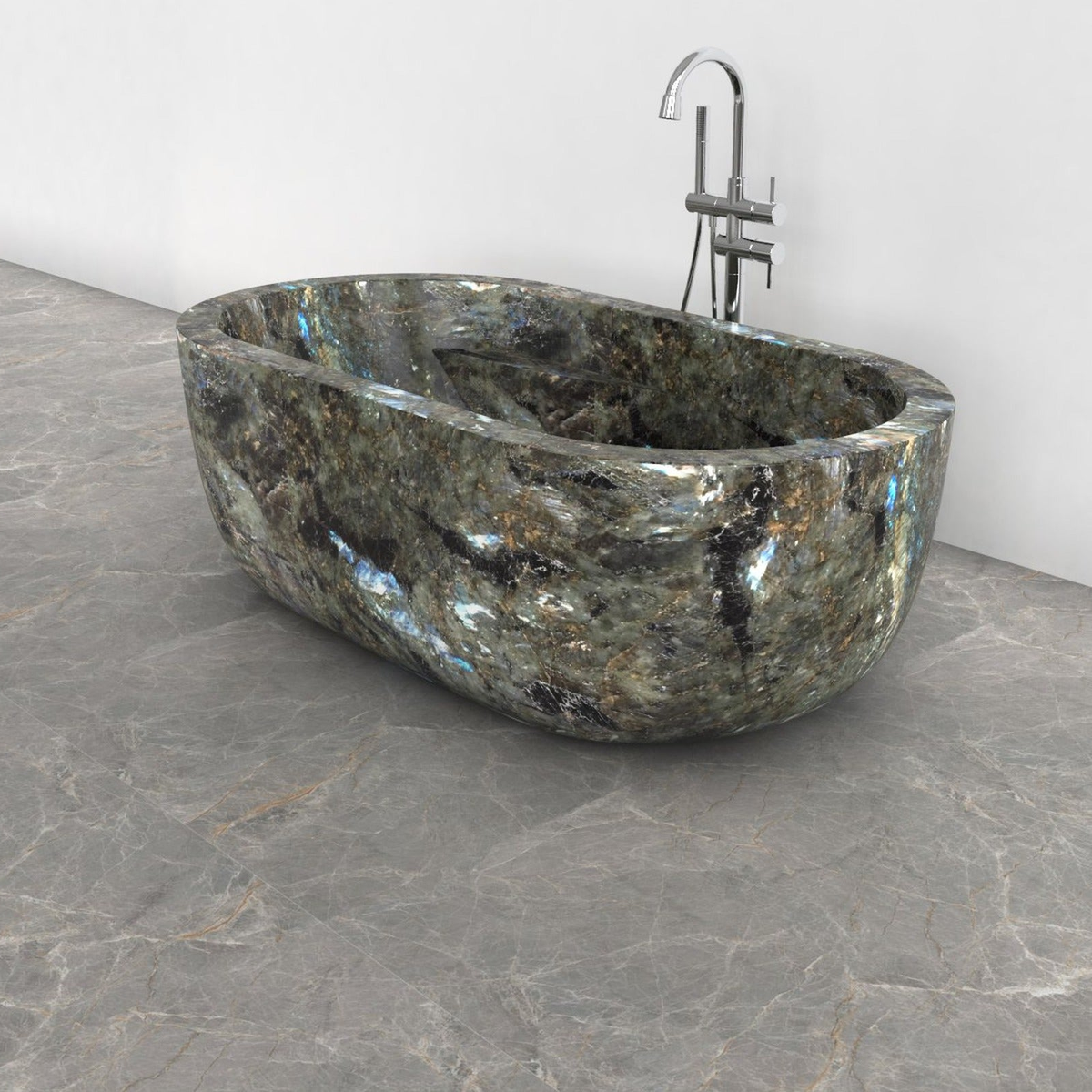 Serelle Celestia Blue Quartzite bathtub, studio three-quarter visualization
