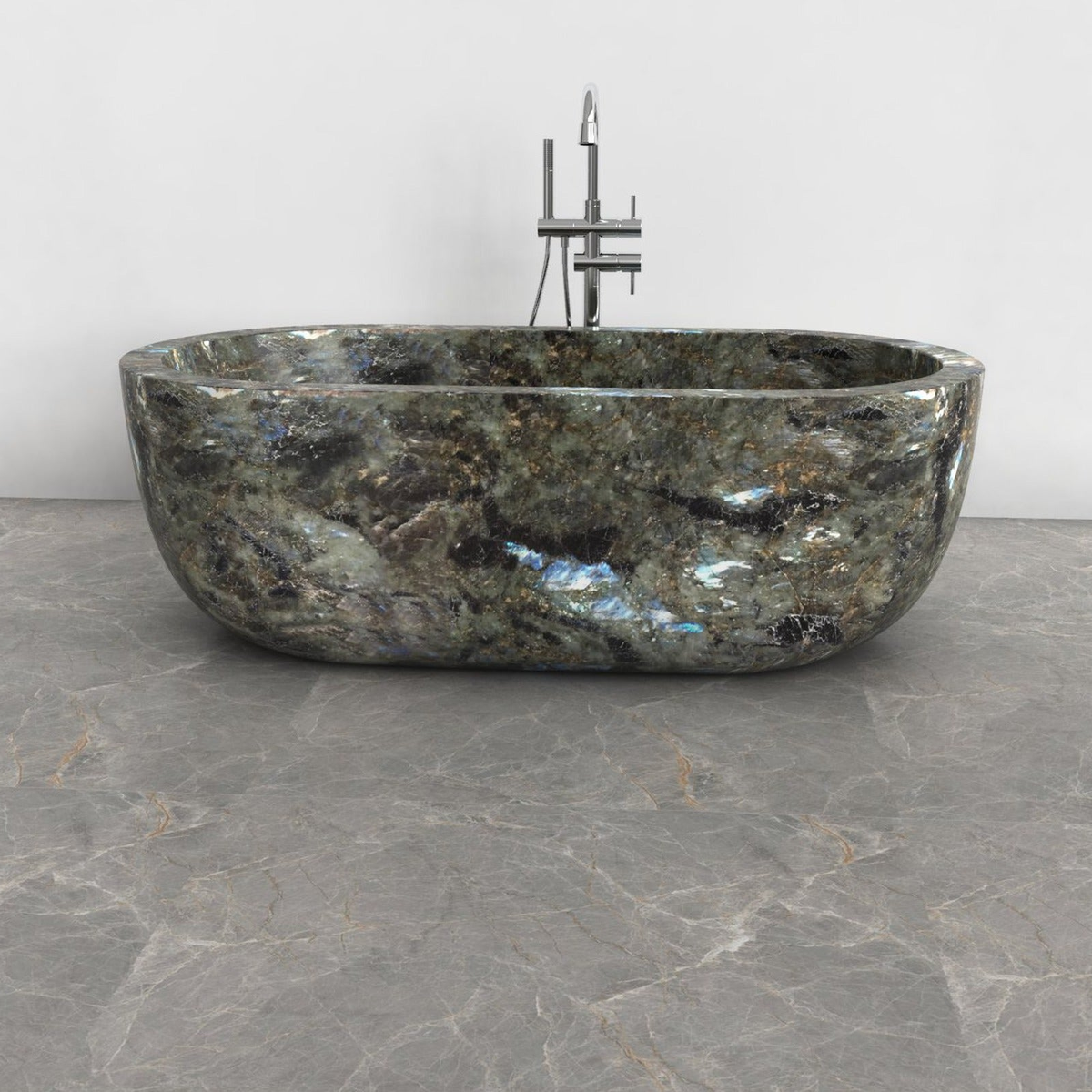 Serelle Celestia Blue Quartzite bathtub, studio front-view visualization