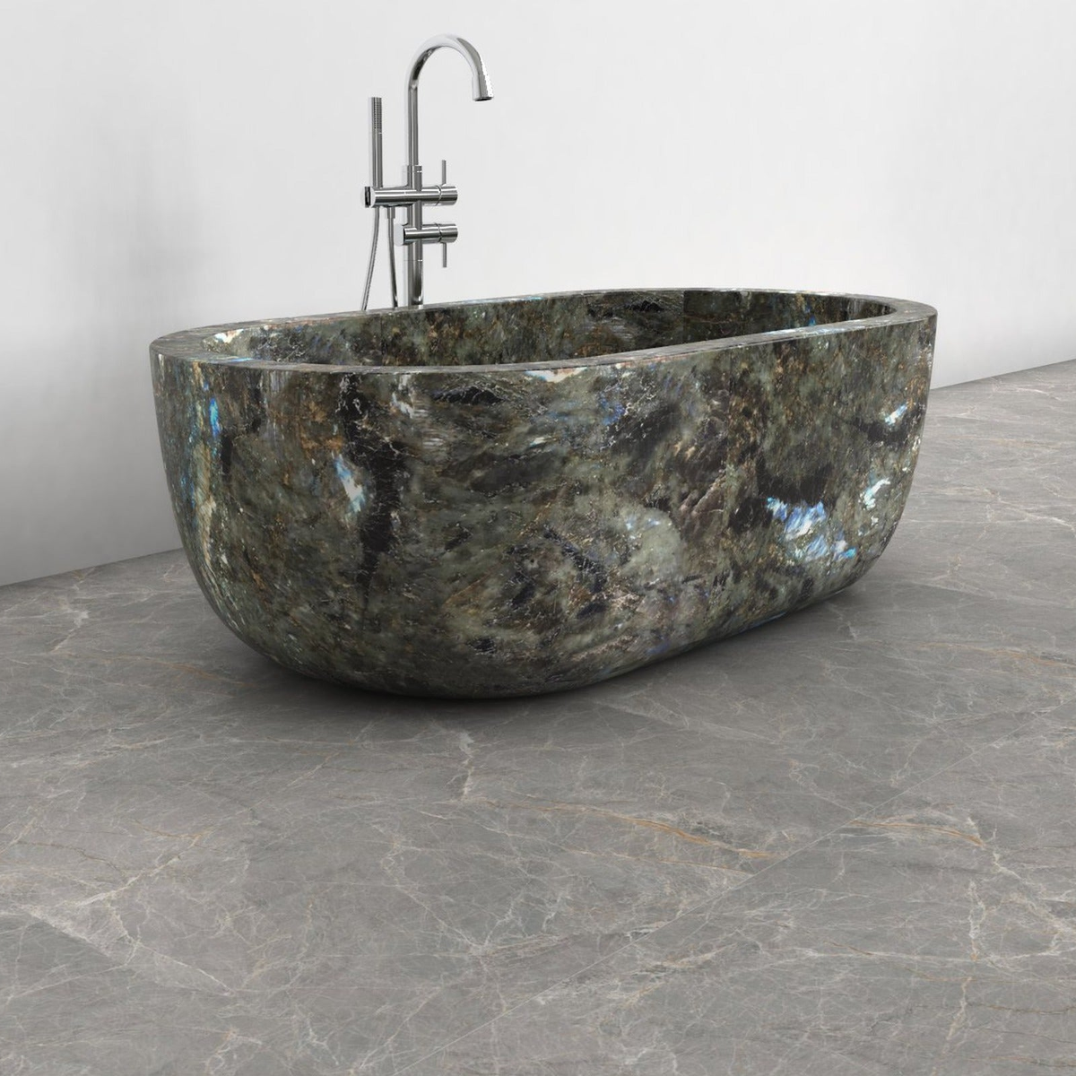 Serelle Celestia Blue Quartzite bathtub, studio side three-quarter visualization