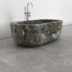Serelle Celestia Blue Quartzite bathtub, studio side three-quarter visualization