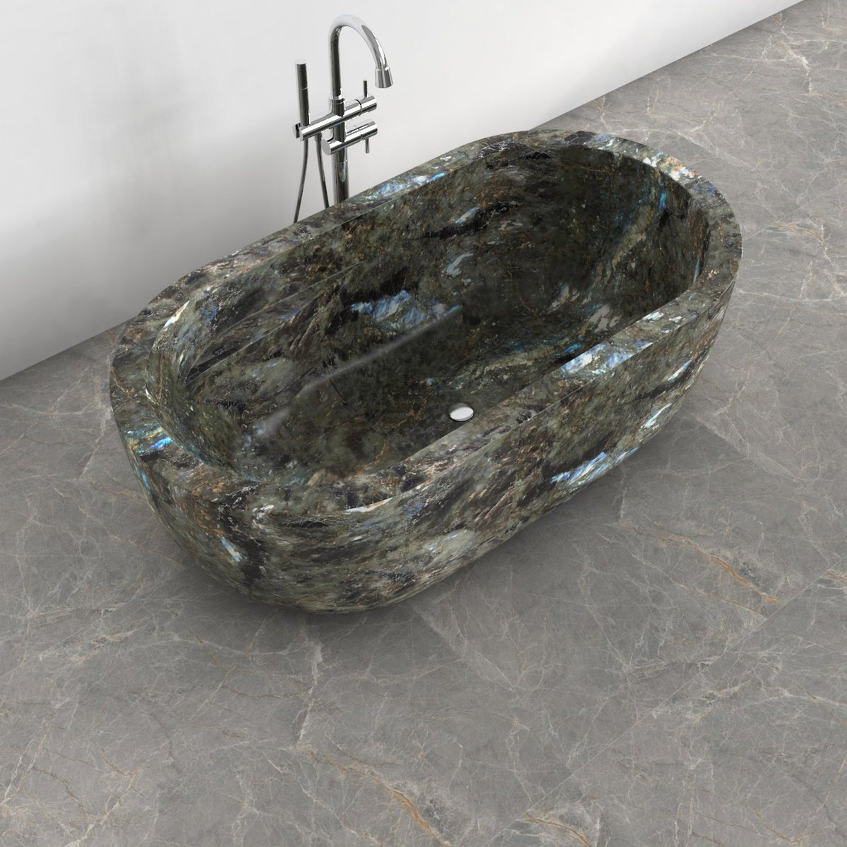 Serelle Celestia Blue Quartzite bathtub, studio top interior and drain visualization